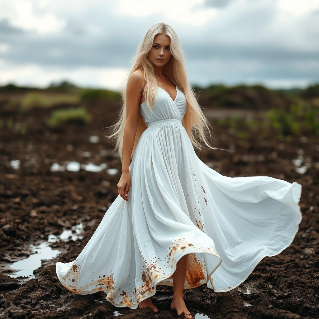 A captivating white-haired woman standing gracefully in a muddy landscape, wearing a flowing white dress that’s slightly stained with mud, adding an artistic contrast