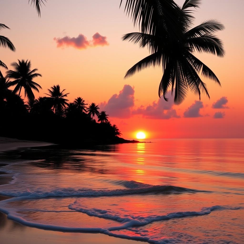 A serene beach sunrise with vibrant colors reflecting in the calm water, silhouettes of palm trees frame the scene, soft waves gently lapping at the shore, a few fluffy clouds in the sky with shades of orange, pink and purple, tranquil atmosphere, inviting and peaceful