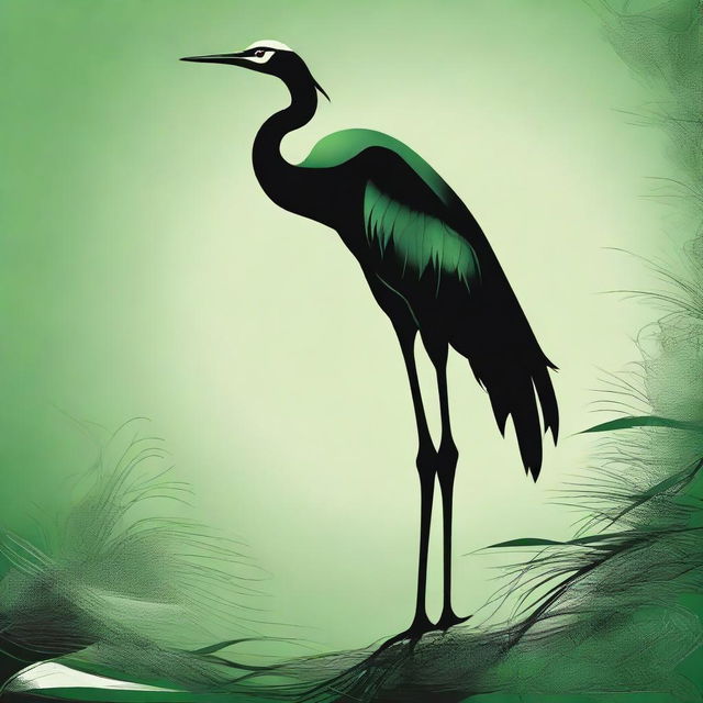 Craft a poised silhouette of a crane in green and black tones, emphasizing the bird's elegant form against a contrasting background.