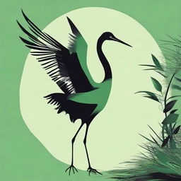 Craft a poised silhouette of a crane in green and black tones, emphasizing the bird's elegant form against a contrasting background.