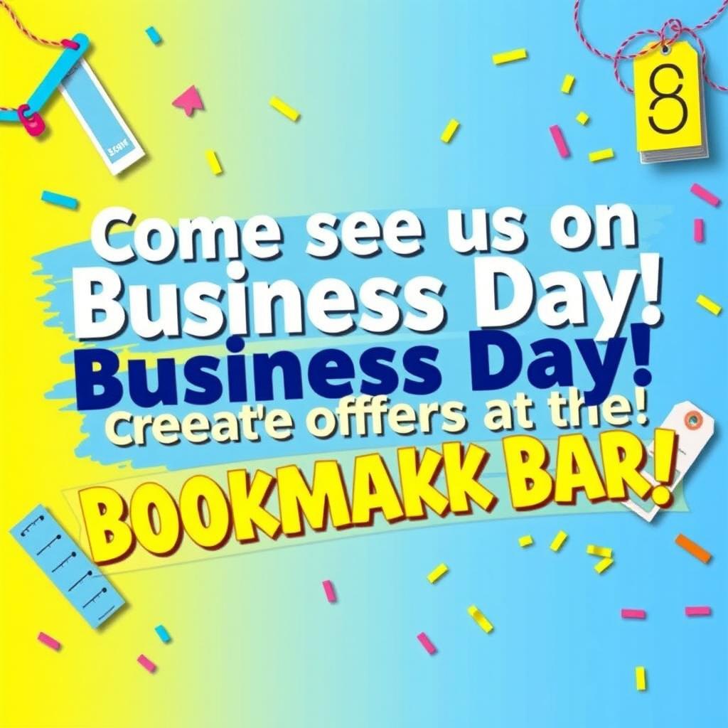 A vibrant and inviting banner design featuring the text: "Come See Us on Business Day! Great Offers at the Bookmark Bar!"
