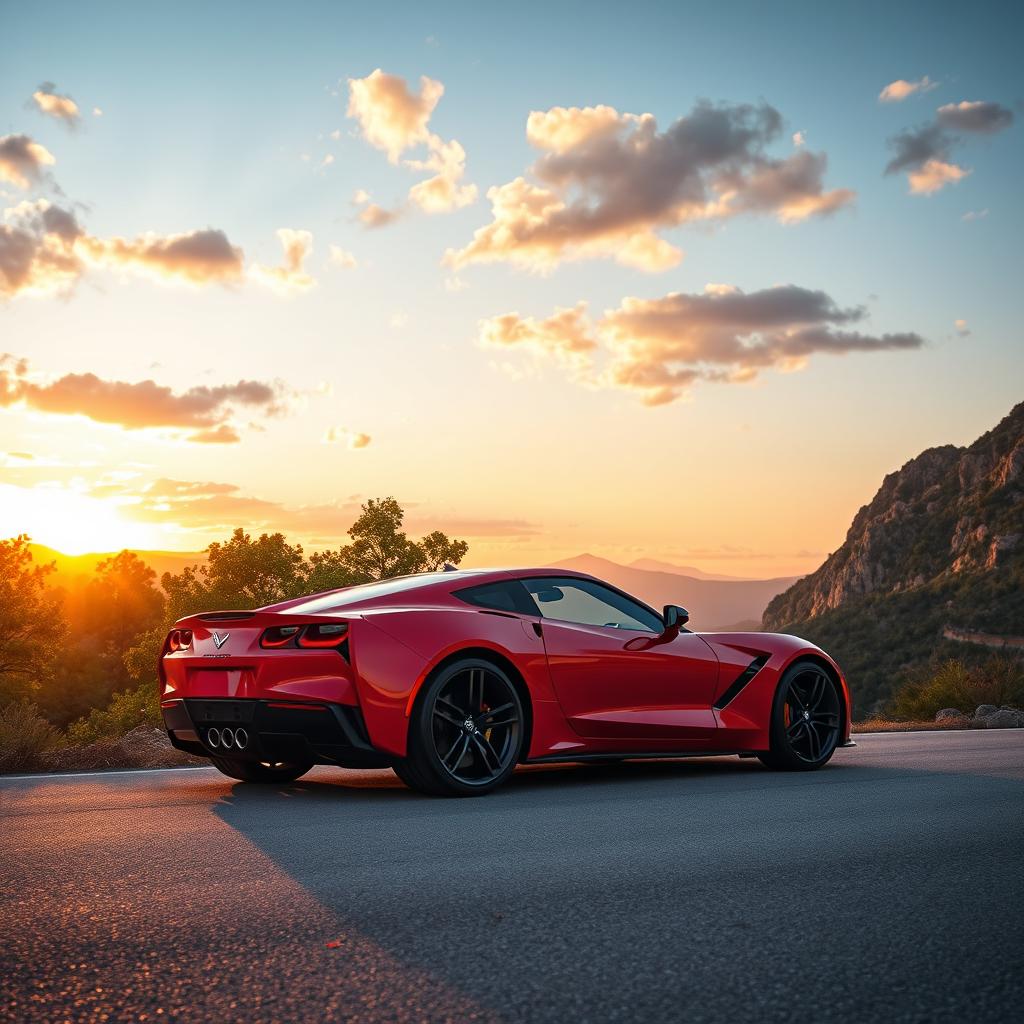 A sleek, modern sports car parked on a scenic mountain road during sunset