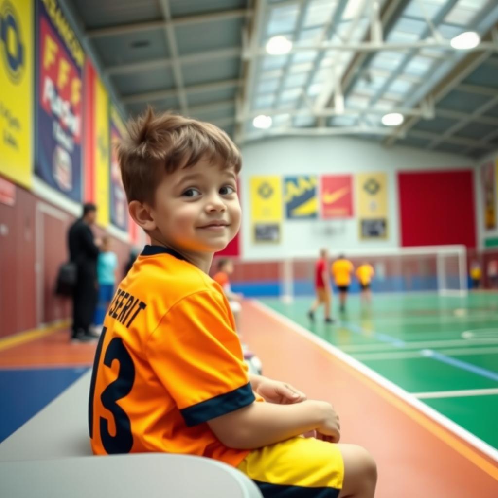 A realistic photograph of a child futsal player sitting on the substitutes bench in a sports hall