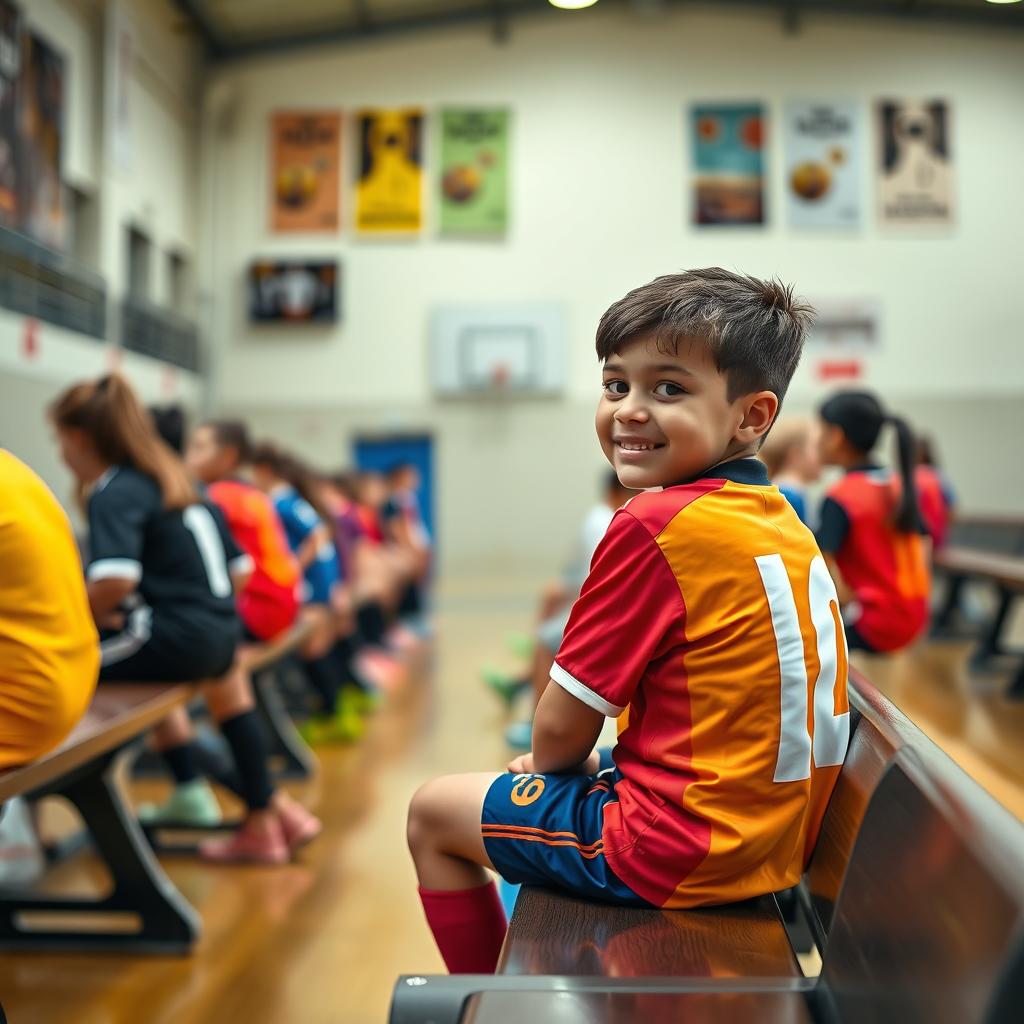 A realistic photo of a young futsal player sitting on the bench in a sports hall