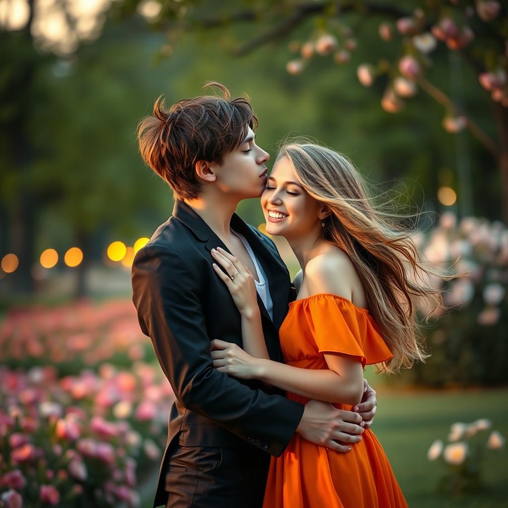A dramatic scene depicting a boy dressed in a sleek black outfit leaning in to kiss a girl wearing a vibrant orange dress