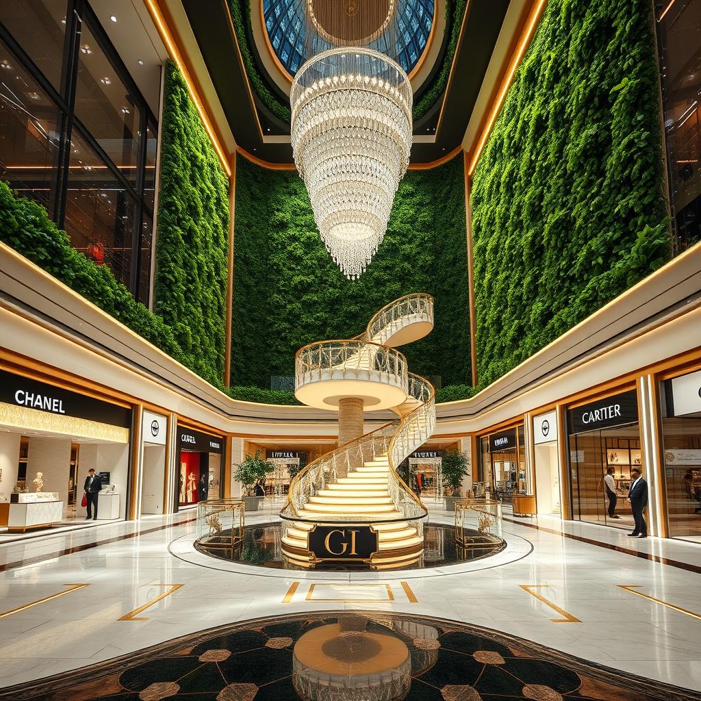 A luxurious mega mall interior layout designed with elegance and spaciousness, rendered in ultra-high resolution with photorealistic lighting