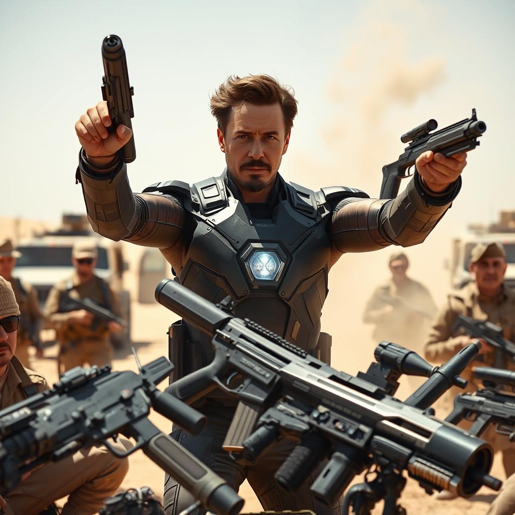 Tony Stark demonstrating his advanced weaponry in Afghanistan, showcasing a variety of sophisticated weapons
