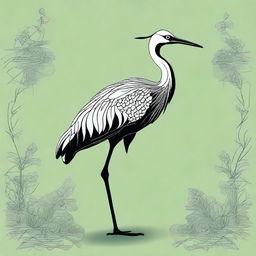 Design an intricate drawing of a crane using a palette of green and black, showcasing the gracefulness and beauty of the bird.