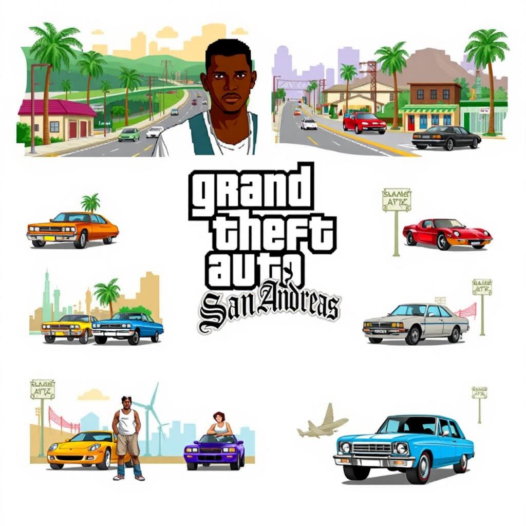 A collection of pixel art representations showcasing various scenes and characters from the iconic video game Grand Theft Auto: San Andreas