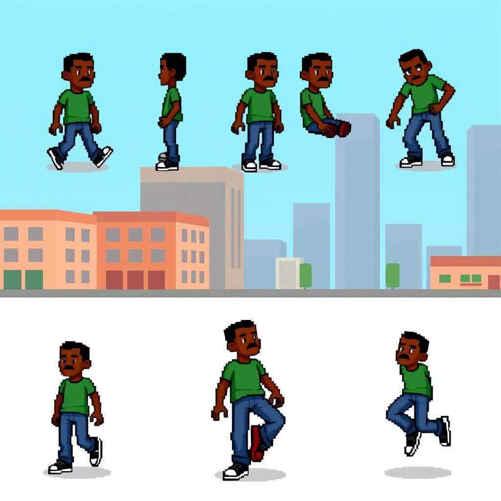 A pixel art character inspired by CJ from GTA San Andreas, showcasing various animations including walking, sitting, falling, and jumping