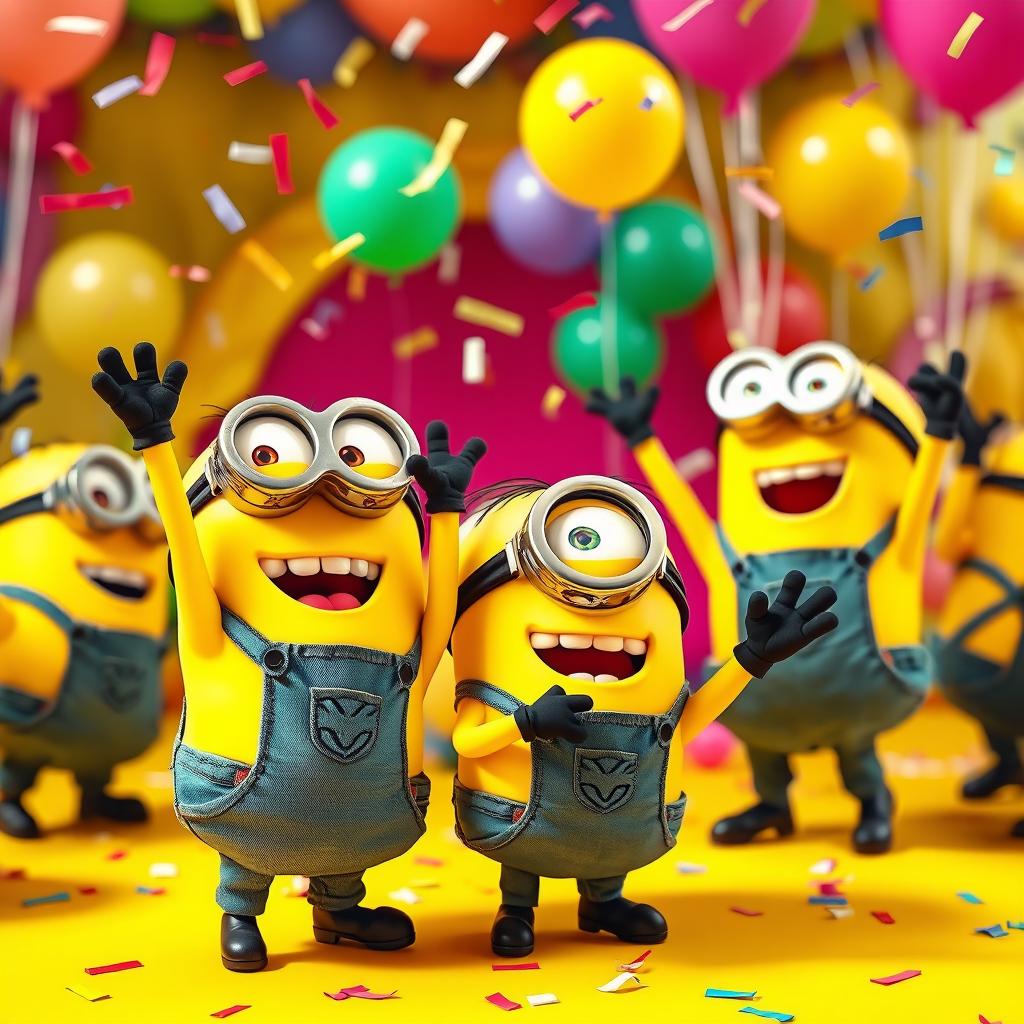 A lively scene of adorable yellow minions joyfully dancing together in a colorful, vibrant setting