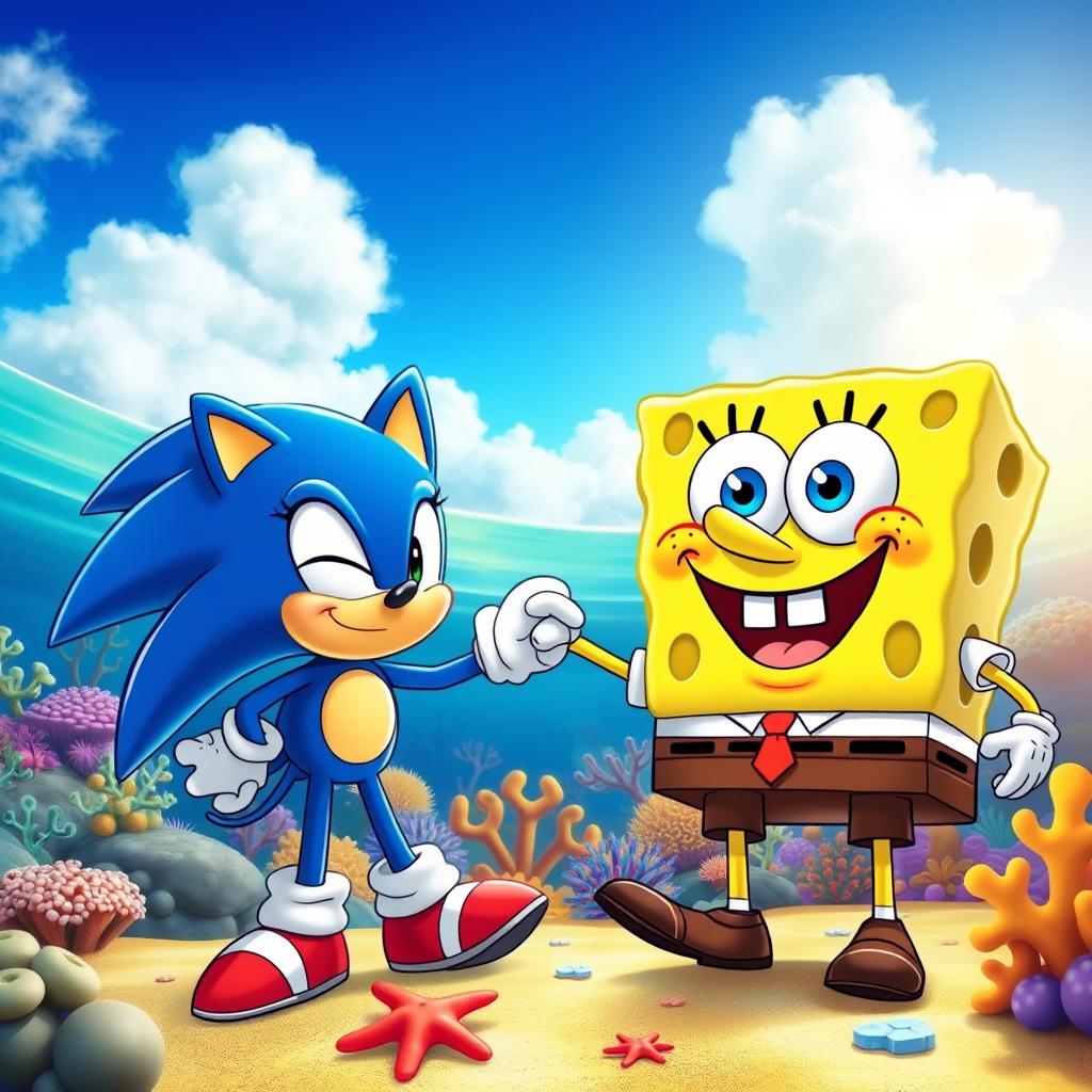 A whimsical and colorful scene featuring Spongebob Squarepants, the cheerful yellow sea sponge with big square pants, and Sonic the Hedgehog, the blue anthropomorphic hedgehog known for his speed