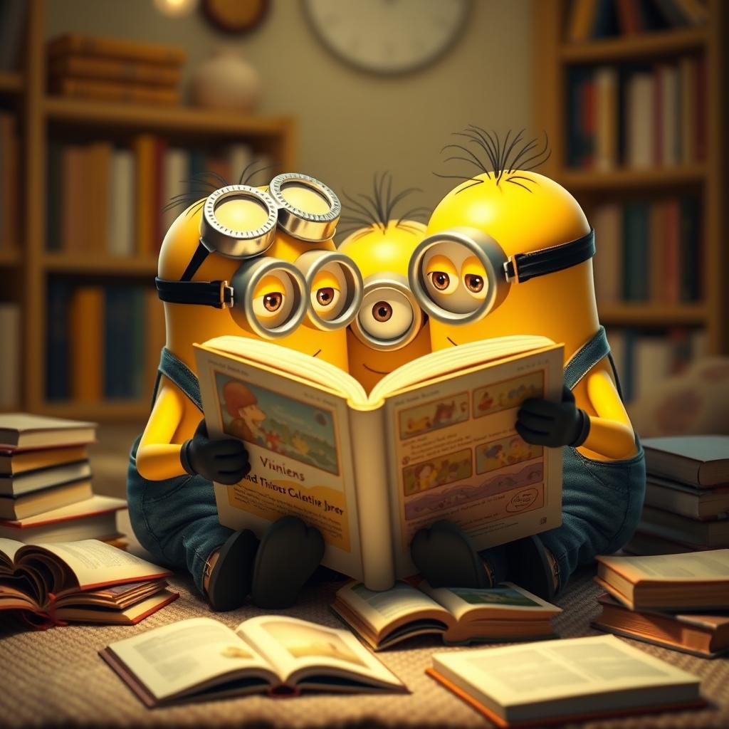 A whimsical scene of cute yellow minions sitting together, engrossed in reading a large, colorful book