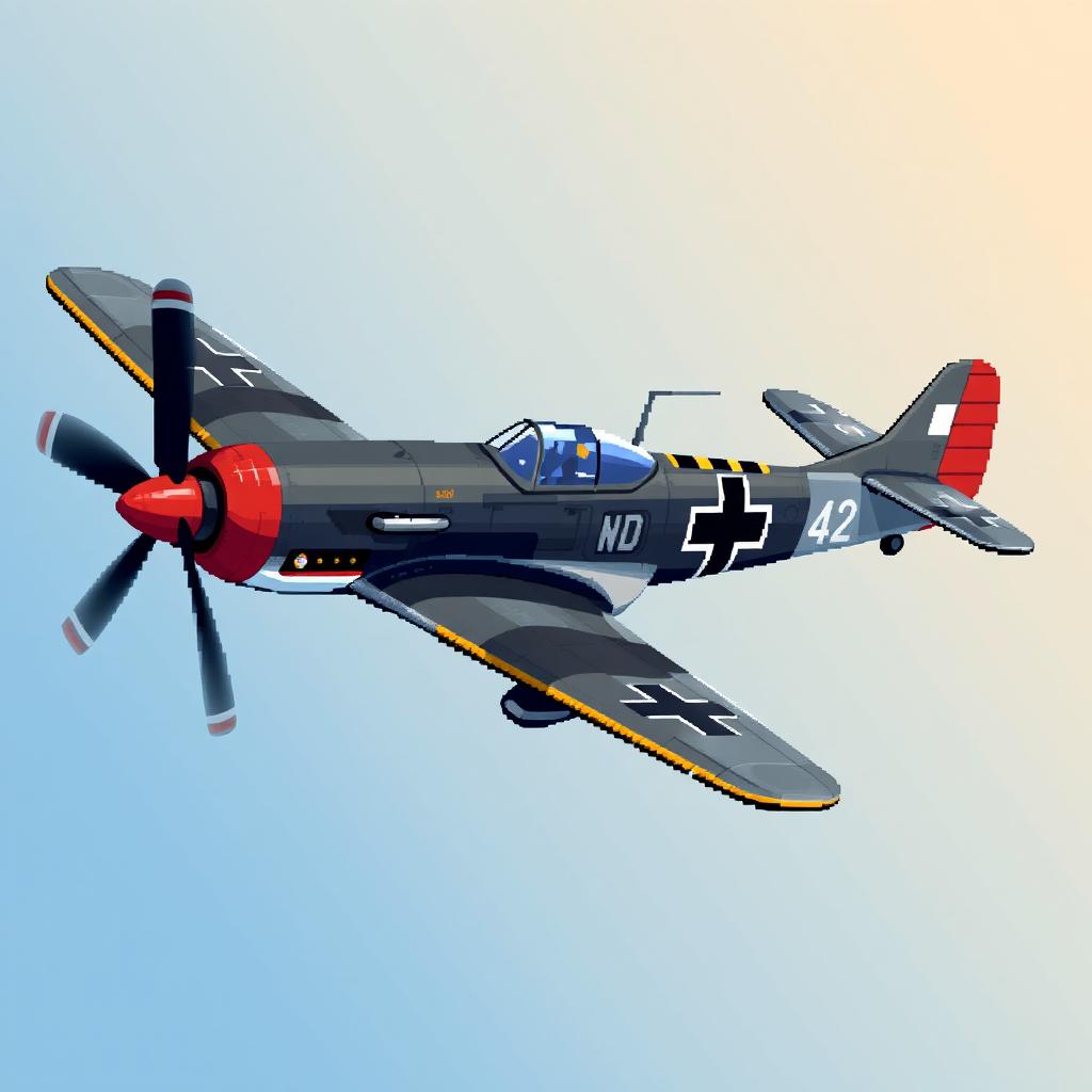 A detailed pixel art representation of a German WWII plane, capturing its distinctive features like the iconic cross insignia and camouflage pattern