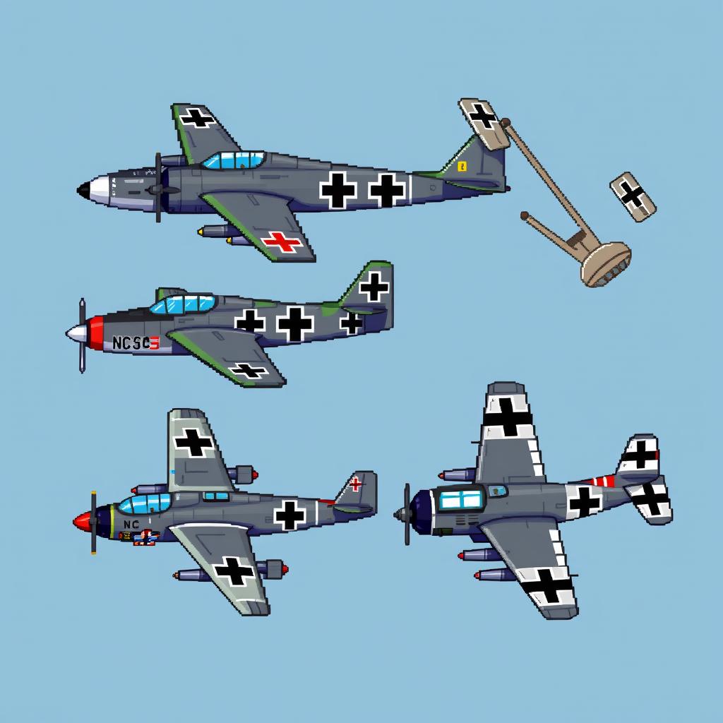 A pixelated side view of German planes designed for a fictional World War 4 setting, featuring multiple aircraft types such as fighter jets and bombers