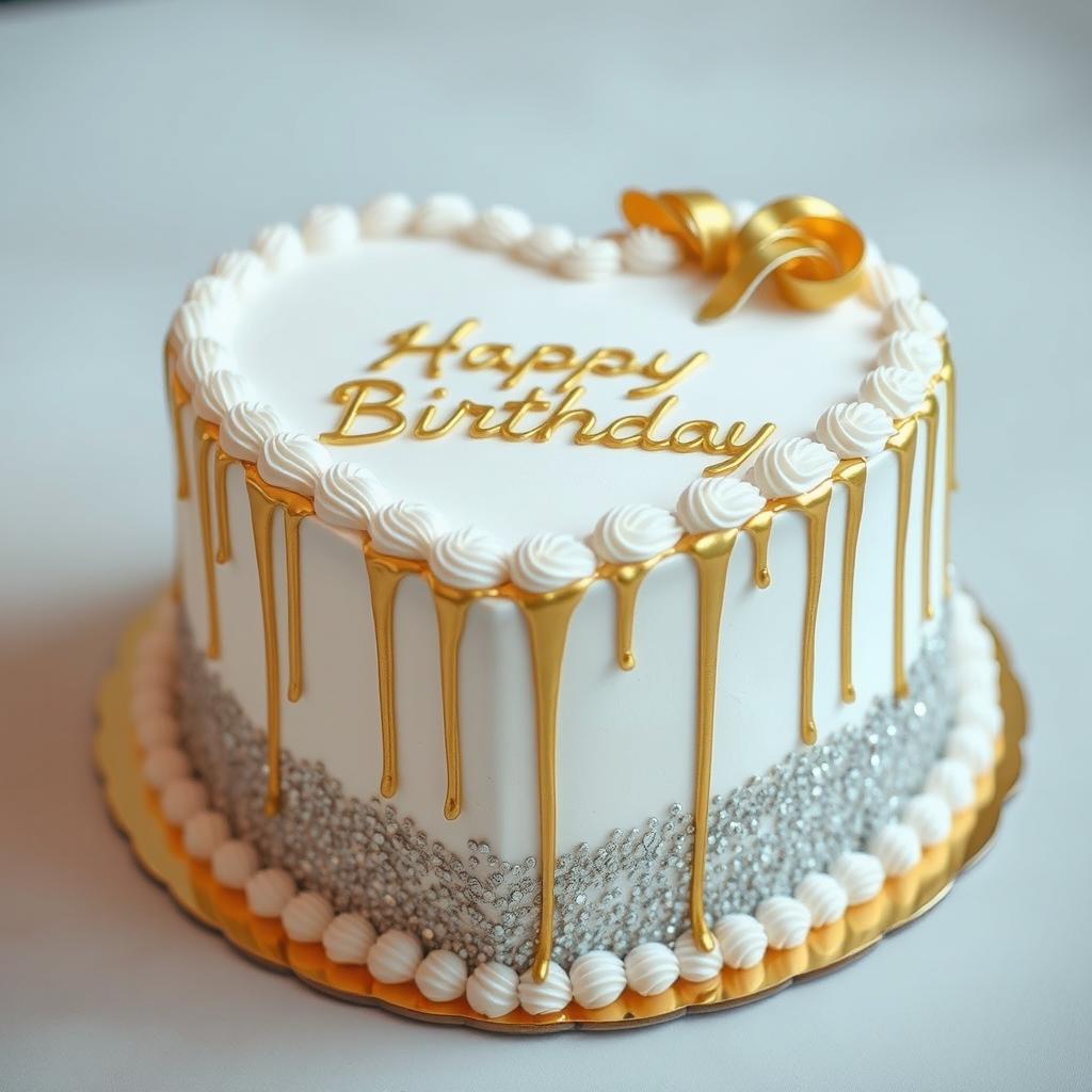A thick, heart-shaped birthday cake, beautifully crafted in white and silver tones