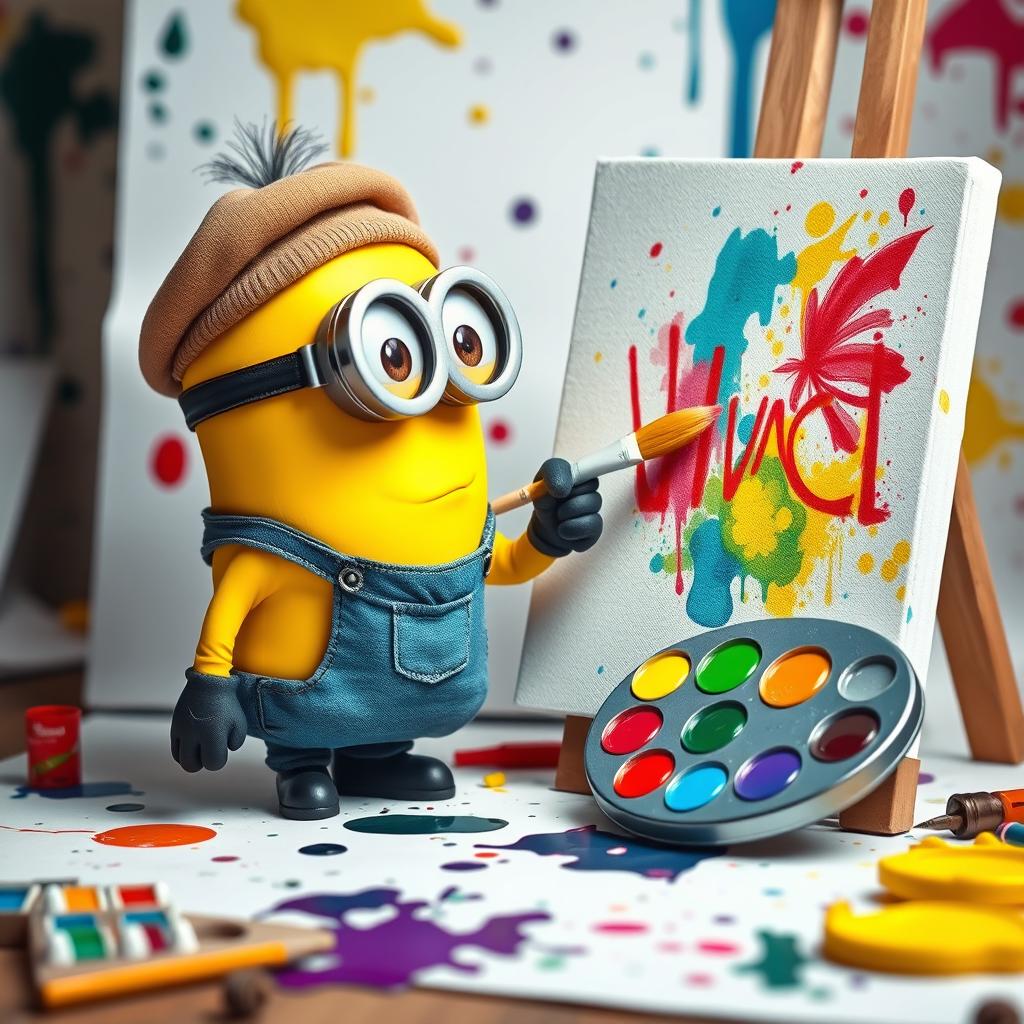 A charming scene of a cute yellow minion carefully painting on a large canvas with a paintbrush
