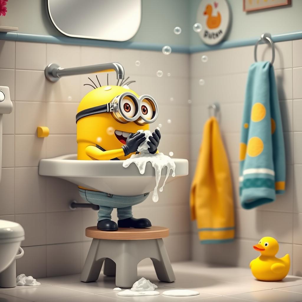 A humorous and adorable scene of a bright yellow minion washing its hands at a bathroom sink