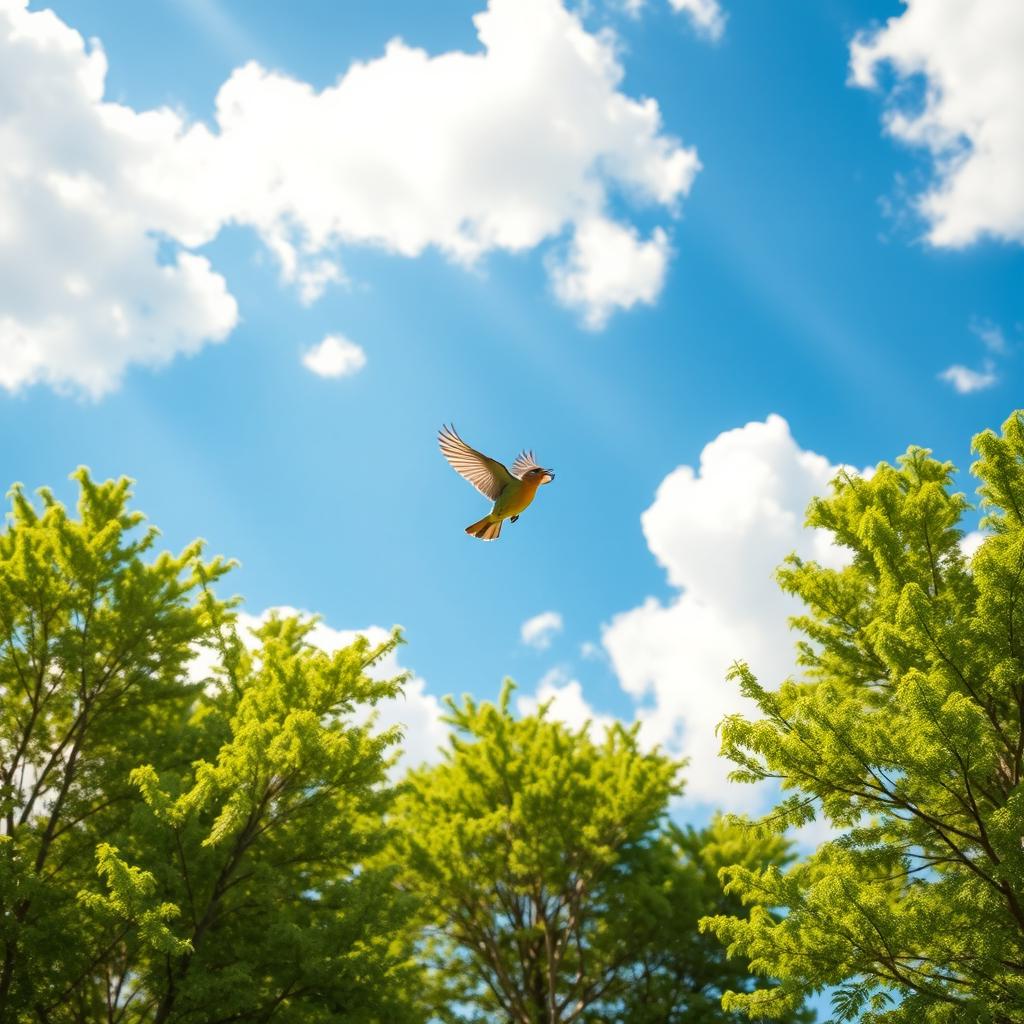 A vibrant scene of a small bird flying freely in a bright blue sky, with fluffy white clouds scattered throughout