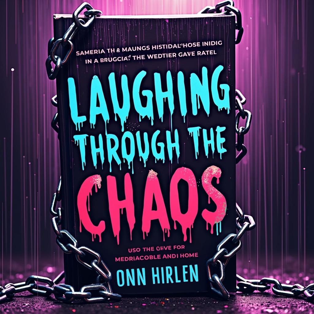 A visually striking book cover for 'Laughing Through the Chaos', combining elements of dark humor and vibrant colors