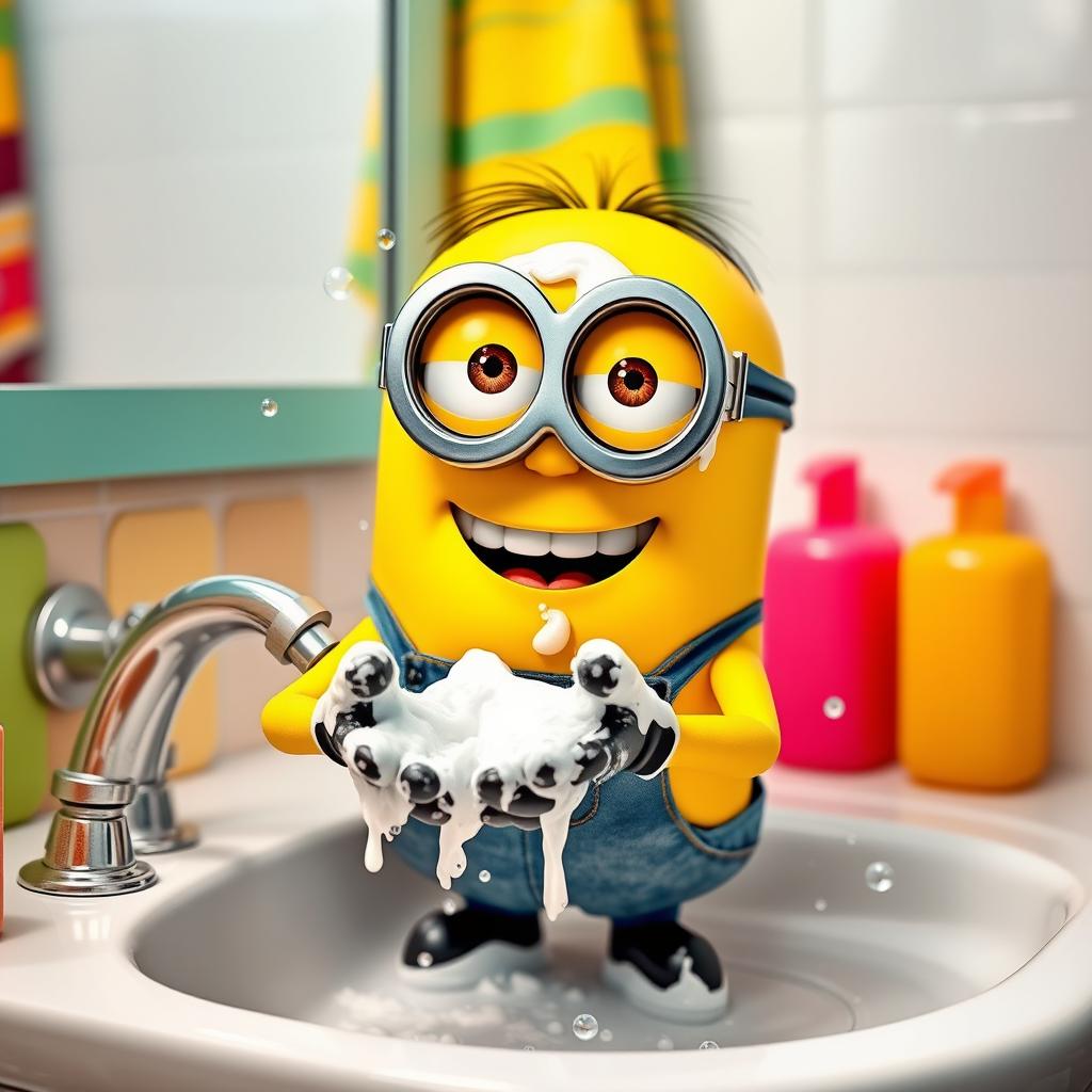 A playful scene of a cheerful yellow minion washing its hands at a bright bathroom sink