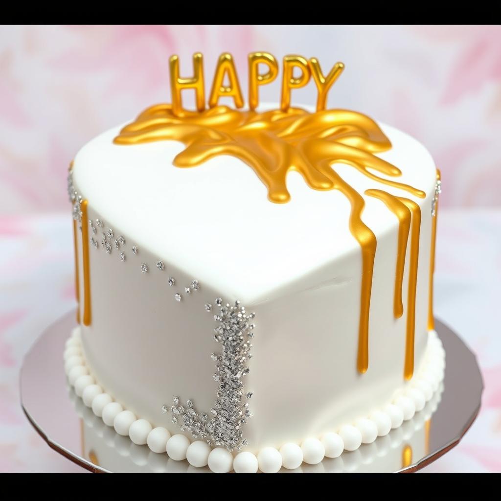 A thick, heart-shaped birthday cake featuring a pristine white exterior embellished with shimmering silver glitter on the sides