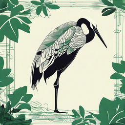 Design an intricate drawing of a crane using a palette of green and black, showcasing the gracefulness and beauty of the bird.