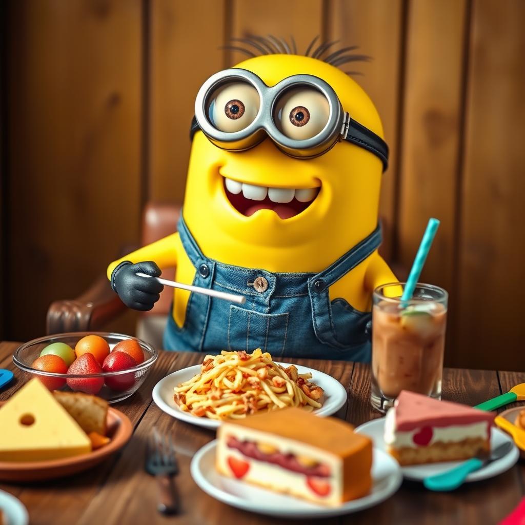 A delightful scene of a cheerful yellow minion sitting at a wooden table, joyfully eating a variety of colorful foods