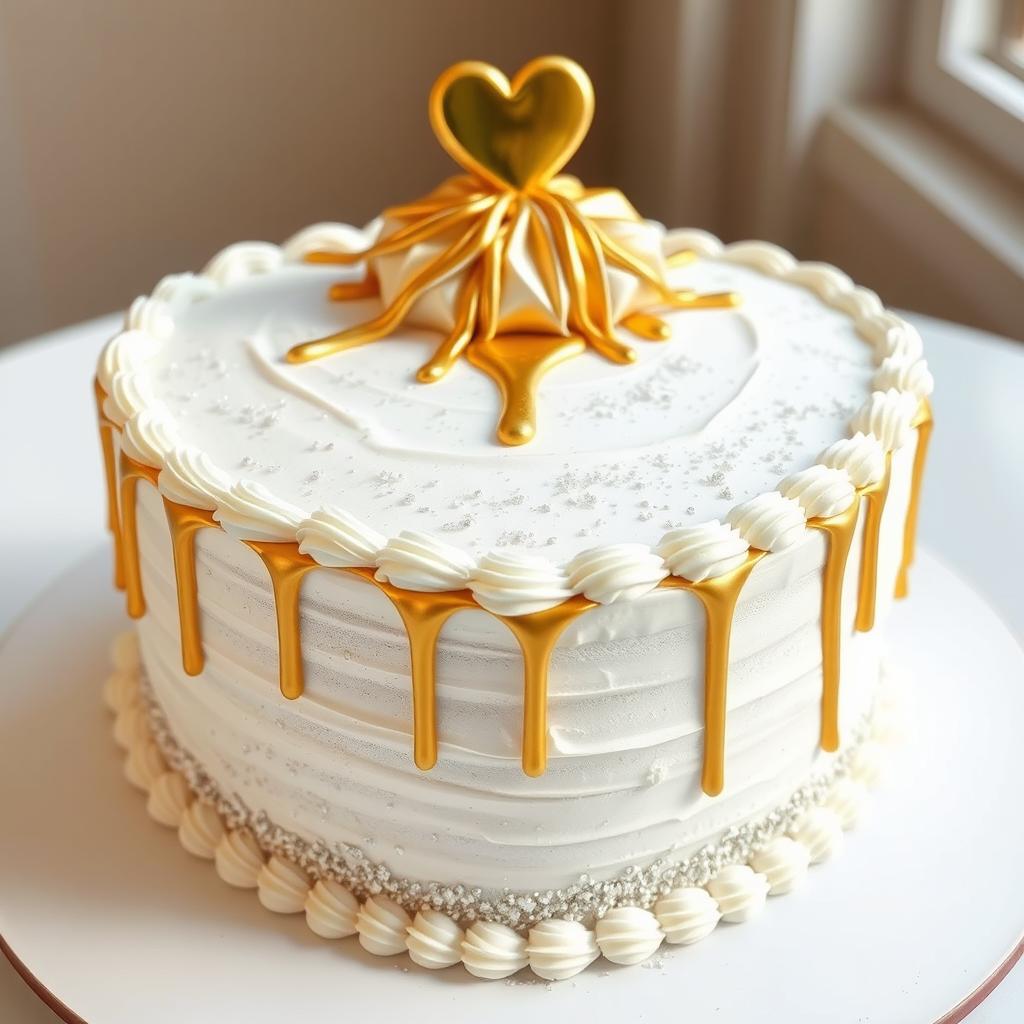A thick heart-shaped cake, beautifully frosted in white, adorned with sparkling silver glitter