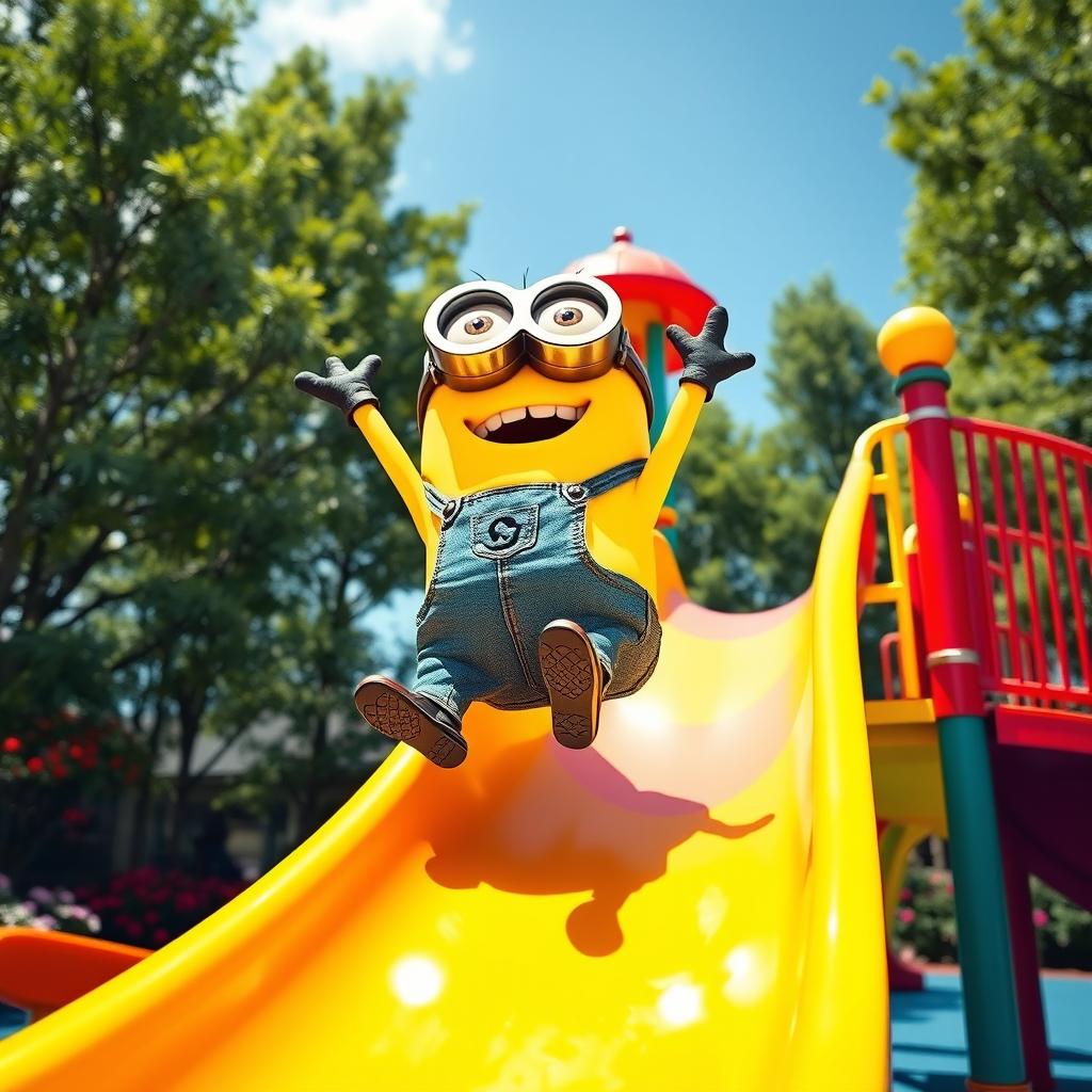 A lively scene of a cheerful yellow minion climbing up a colorful playground slide