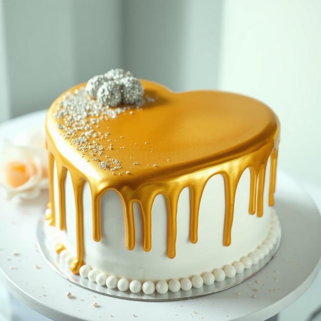 A thick heart-shaped cake designed in pure white with shimmering silver glitter on top