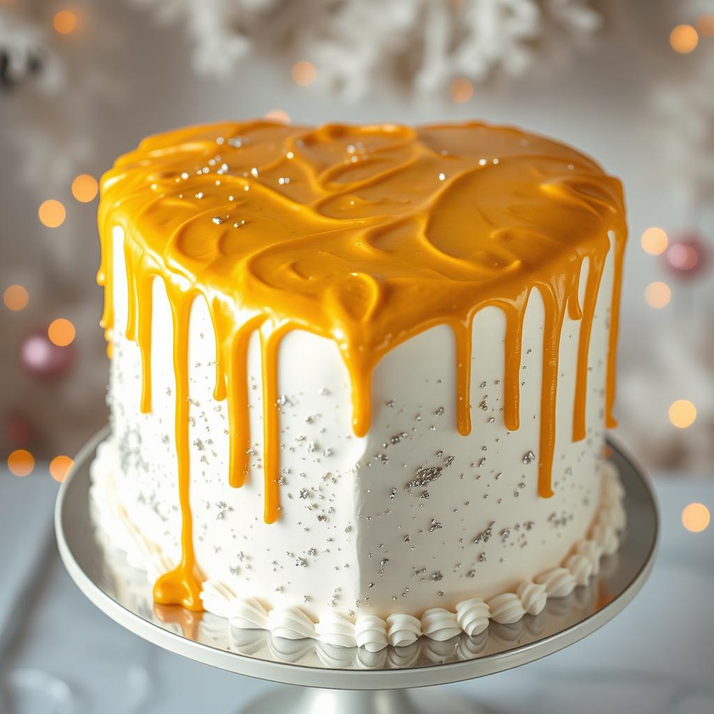 A thick, heart-shaped cake frosted in a beautiful white icing, adorned with shimmering silver glitter