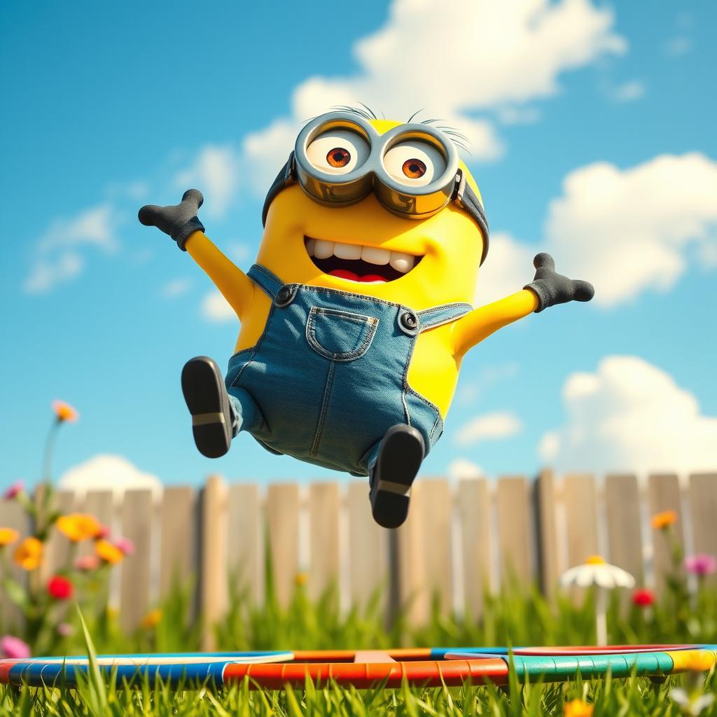 A lively scene of a cheerful yellow minion bouncing joyfully on a colorful trampoline in a sunny backyard