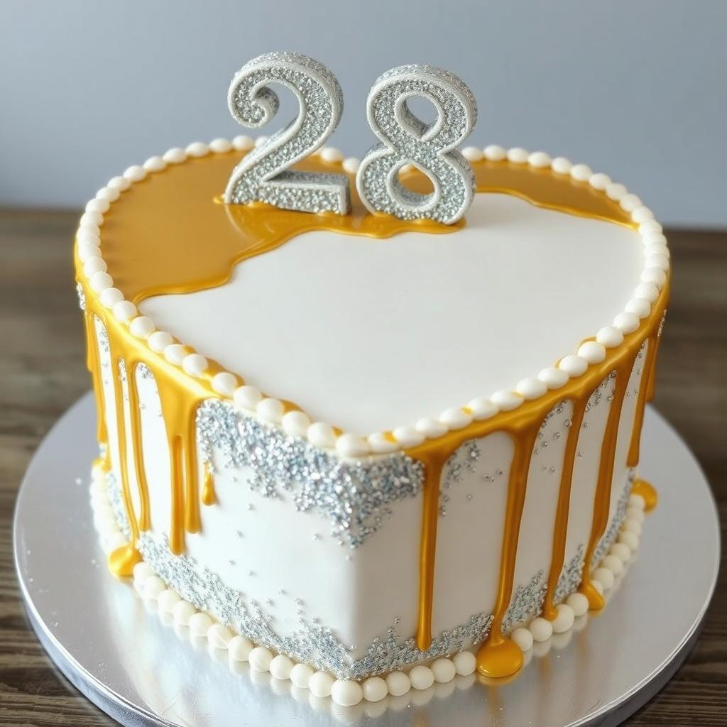 A thick, heart-shaped cake designed in pristine white, elegantly adorned with sparkling silver glitter covering the entire sides