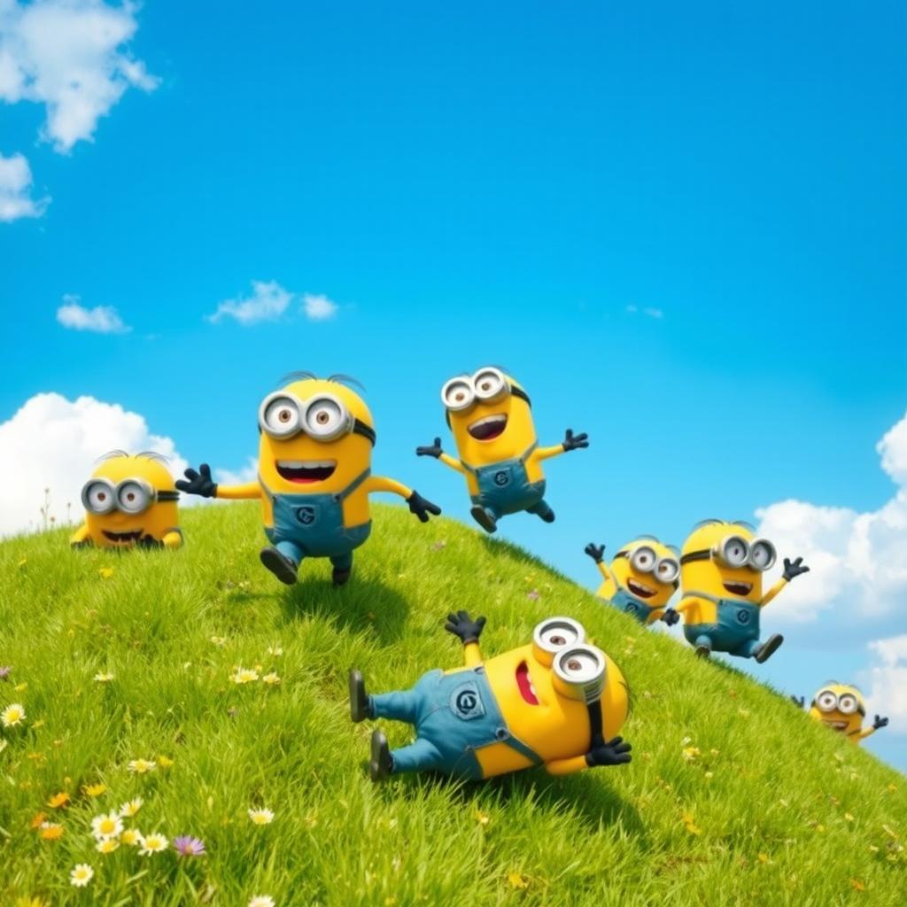 A lively and playful scene depicting cheerful yellow minions running eagerly up a green grassy hill, with big smiles and excited expressions on their faces