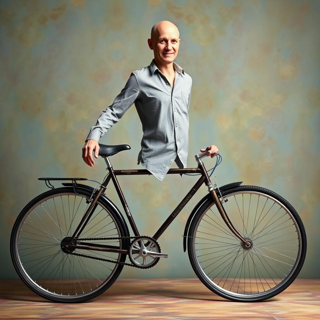 A creative and surreal image of a bicycle with a human torso from the waist up instead of a horse's body, resembling a centaur but with a bicycle framework