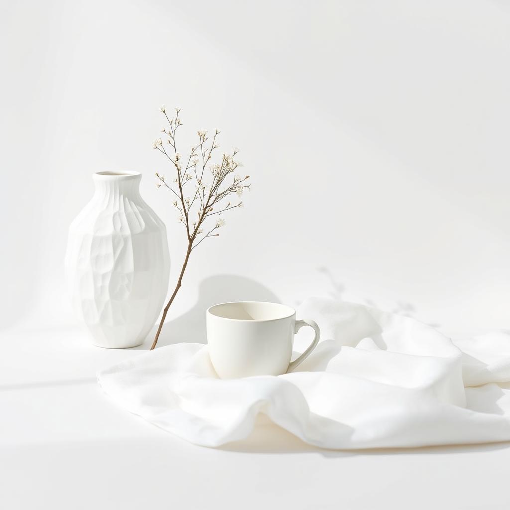 A serene and minimalistic composition featuring various white objects elegantly arranged on a pure white background
