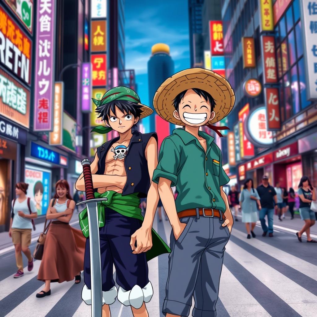 Zoro and Luffy, iconic characters from One Piece, standing confidently in the middle of a bustling Tokyo street