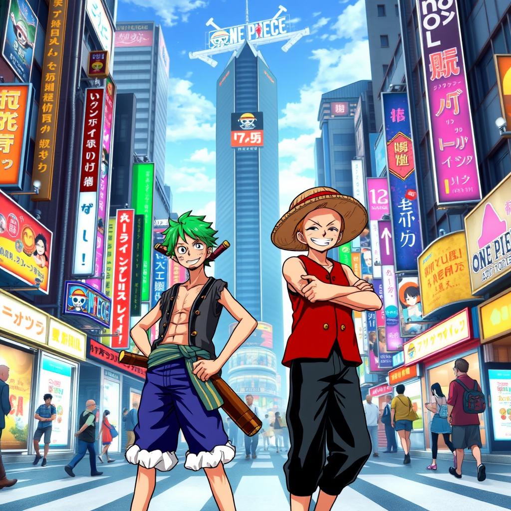 Zoro and Luffy from One Piece standing confidently in the middle of a bustling Tokyo street, surrounded by bright neon lights and towering skyscrapers