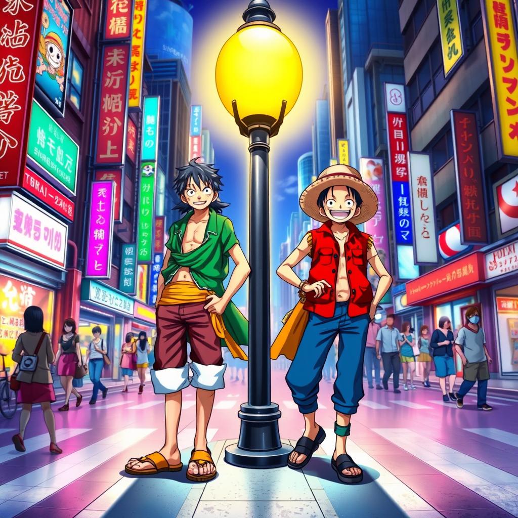 Zoro and Luffy from One Piece standing confidently in the middle of a bustling Tokyo street