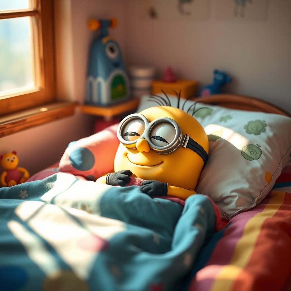 A cute and cheerful Minion character sleeping in a cozy bed, surrounded by colorful blankets and pillows, with a peaceful expression on its face