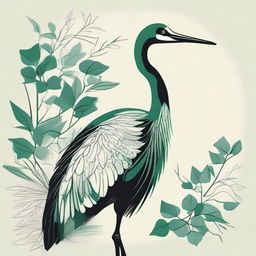 Design an intricate drawing of a crane using a palette of green and black, showcasing the gracefulness and beauty of the bird.