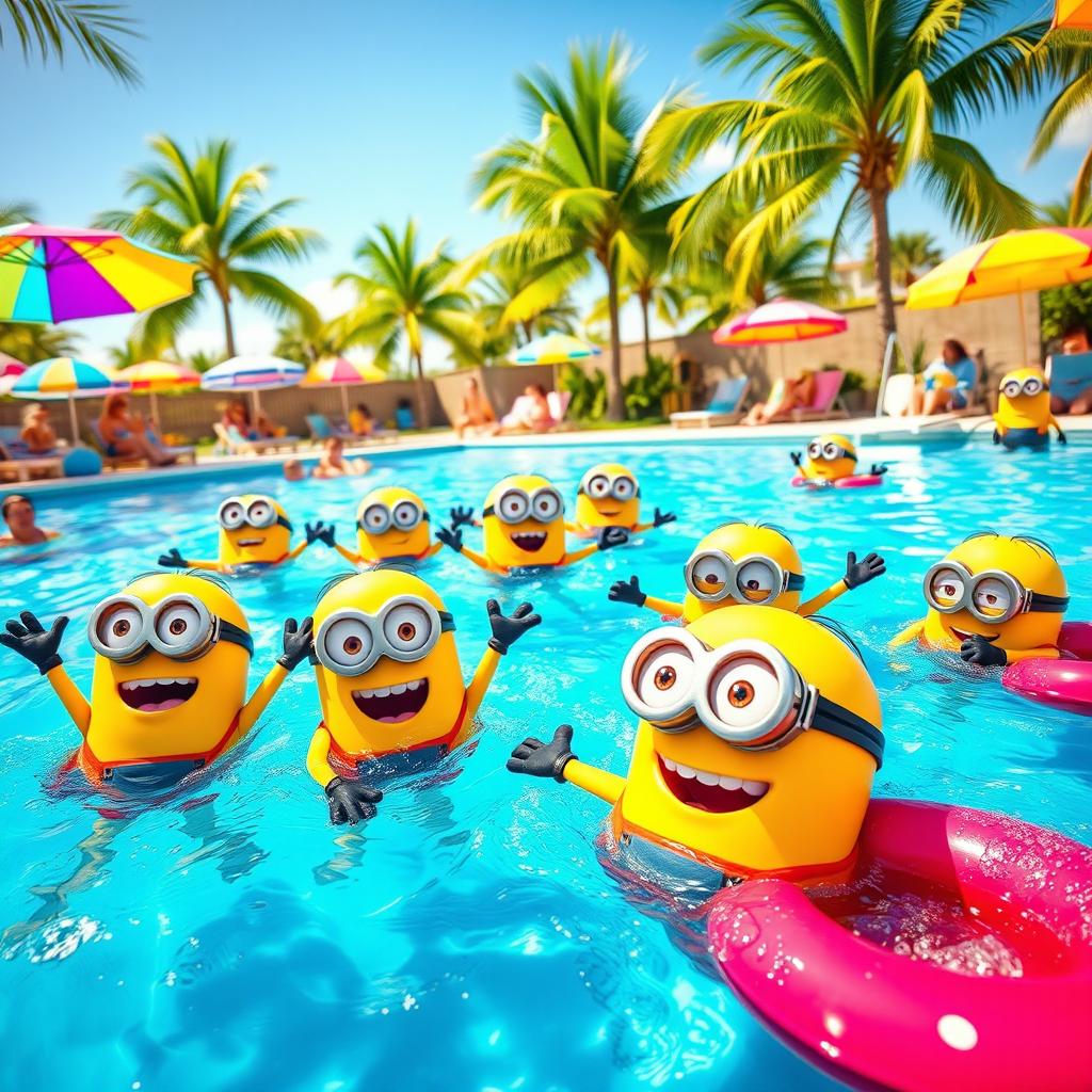A vibrant and playful scene featuring cheerful minions swimming in a bright blue pool