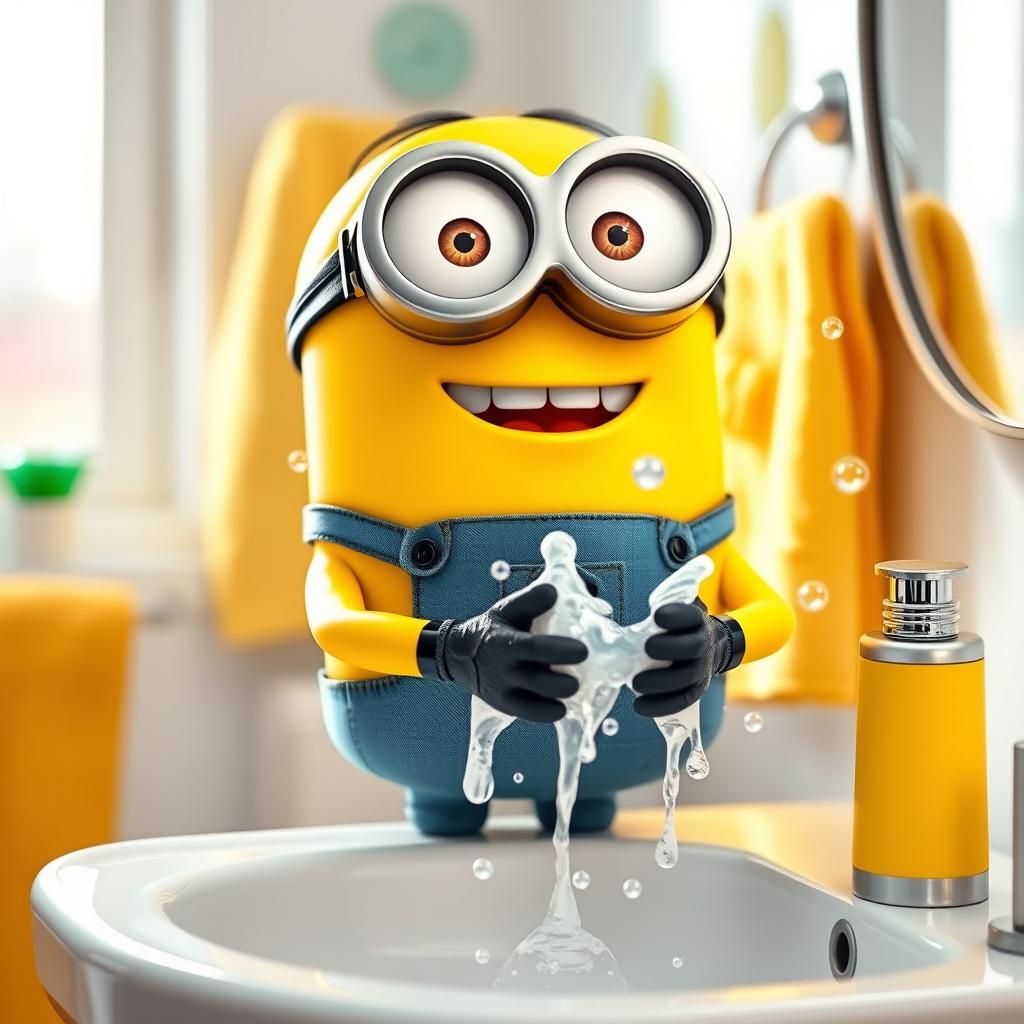 A cute and playful Minion character standing at a sink, enthusiastically washing its hands with soap bubbles and water splashing