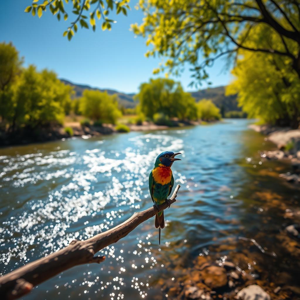 A serene scene depicting a colorful bird perched gracefully on a branch by a gently flowing river