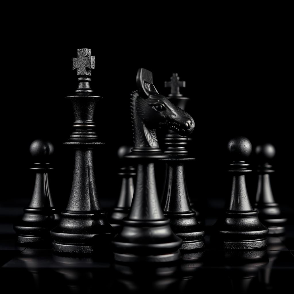 A detailed, artistic representation of black chess pieces set against a deep black background