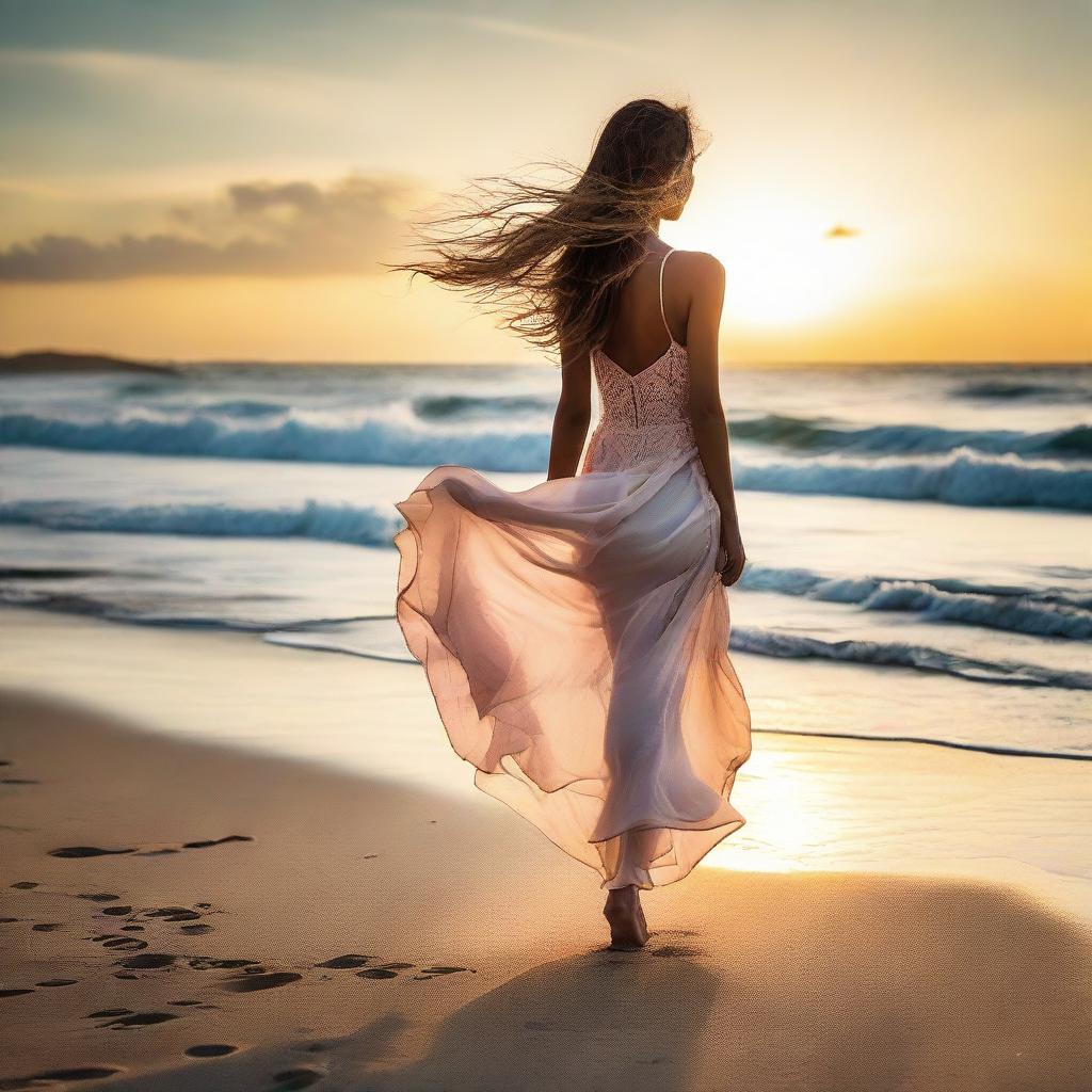 An elegant woman leisurely strolling on a serene beach during sunset, her hair gently dancing with the sea breeze.