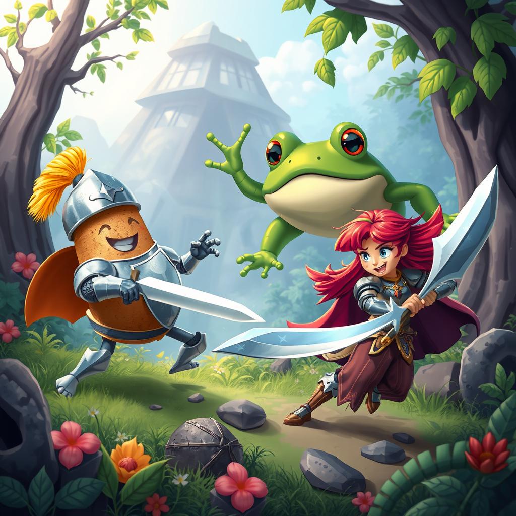 A whimsical scene featuring a valiant potato knight, adorned in shining armor and a helmet with a cheerful expression, fighting valiantly alongside a fierce red-haired woman knight, wielding a gleaming sword and wearing a colorful armor