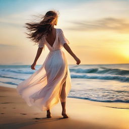 An elegant woman leisurely strolling on a serene beach during sunset, her hair gently dancing with the sea breeze.