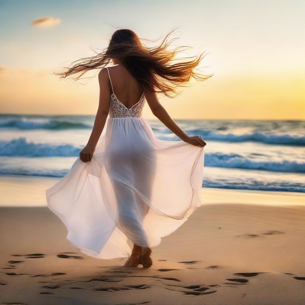 An elegant woman leisurely strolling on a serene beach during sunset, her hair gently dancing with the sea breeze.